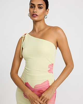 Floral Mesh One Shoulder Tie Strap High-Low Midi Dress