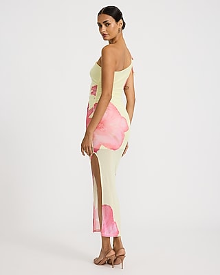 Floral Mesh One Shoulder Tie Strap High-Low Midi Dress