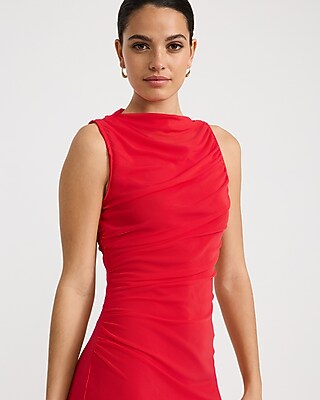 Mesh Crew Neck Sleeveless Ruched Maxi Dress