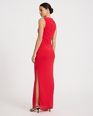 Mesh Crew Neck Sleeveless Ruched Maxi Dress