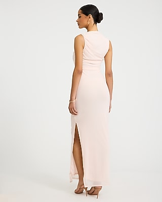 Mesh Crew Neck Sleeveless Ruched Maxi Dress