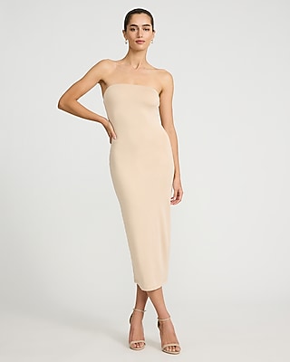 knee length dresses for ladies Ivory/Beige Striped Strapless Midi Dress main image 0
