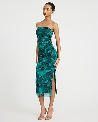 Printed Mesh Strapless Ruched Midi Tube Dress - thumbnail 6