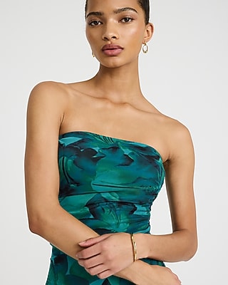 Printed Mesh Strapless Ruched Midi Tube Dress - thumbnail 7