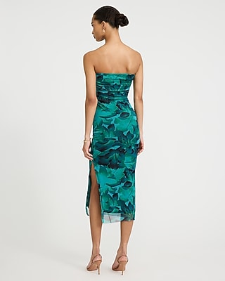 Printed Mesh Strapless Ruched Midi Tube Dress - thumbnail 8