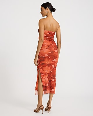 Printed Mesh Strapless Ruched Midi Tube Dress