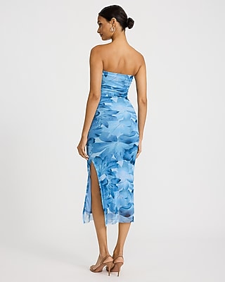 Printed Mesh Strapless Ruched Midi Tube Dress