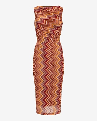 Chevron Crochet Boat Neck Ruched Midi Sheath Dress