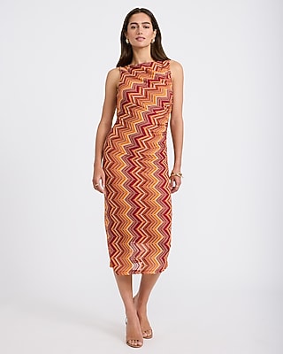 Chevron Crochet Boat Neck Ruched Midi Sheath Dress