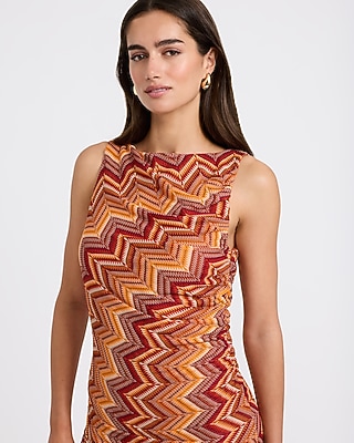 Chevron Crochet Boat Neck Ruched Midi Sheath Dress