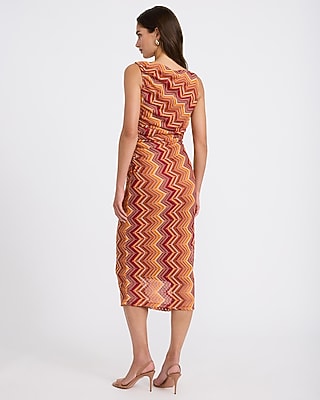 Chevron Crochet Boat Neck Ruched Midi Sheath Dress