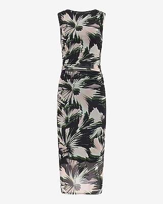 Printed Mesh Crew Neck Sleeveless Ruched Midi Dress