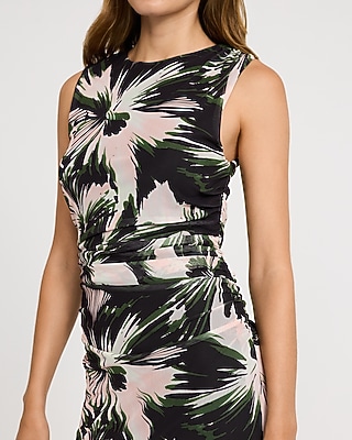 Printed Mesh Crew Neck Sleeveless Ruched Midi Dress
