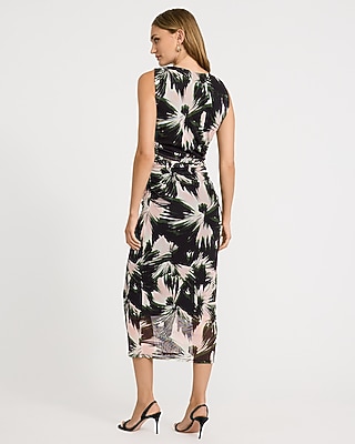 Printed Mesh Crew Neck Sleeveless Ruched Midi Dress