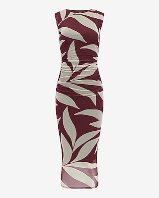 Printed Mesh Crew Neck Sleeveless Ruched Midi Dress