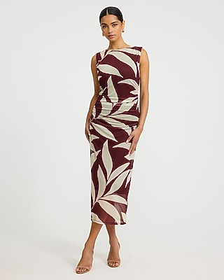 Printed Mesh Crew Neck Sleeveless Ruched Midi Dress