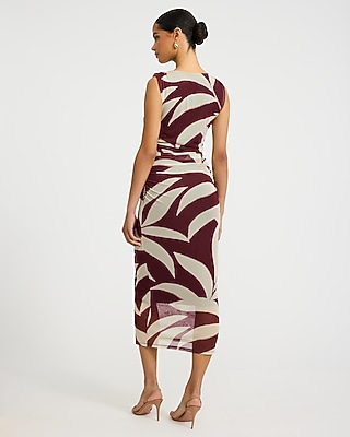 Printed Mesh Crew Neck Sleeveless Ruched Midi Dress