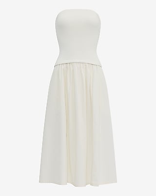 Mixed Media Strapless Drop Waist Midi Dress with Pockets