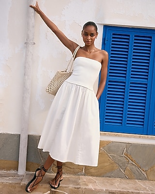 Mixed Media Strapless Drop Waist Midi Dress with Pockets