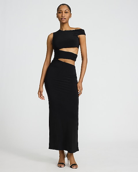 off the shoulder asymmetric dress Petal & Pup Women's Charmed - White seam fitted bodice with an attached self Wedding Guest Dress Sleeveless Sheath