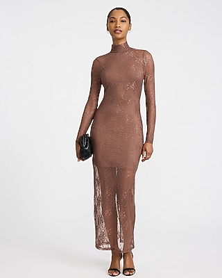 Long Sleeve Mock Neck Lace Maxi Dress | Express