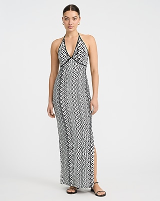 Crochet Halter V-neck Sleeveless Maxi Sheath Dress | Express