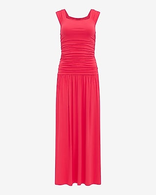 Square Neck Drop Waist Ruched Knit Maxi Dress