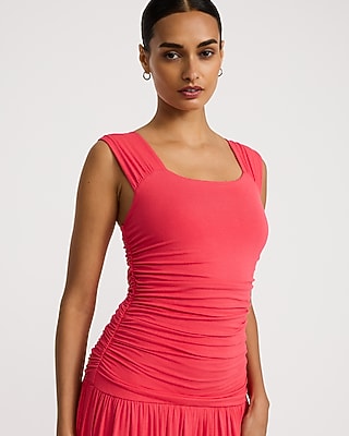 Square Neck Drop Waist Ruched Knit Maxi Dress