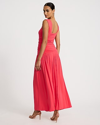 Square Neck Drop Waist Ruched Knit Maxi Dress