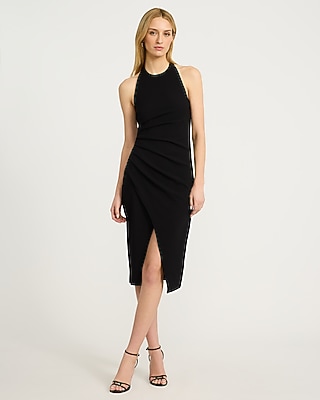 Crepe Halter Sleeveless Pleated Wrap Midi Sheath Dress
