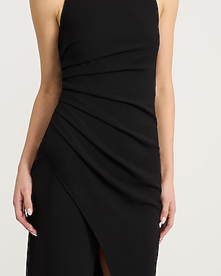 Crepe Halter Sleeveless Pleated Wrap Midi Sheath Dress