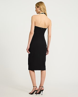 Crepe Halter Sleeveless Pleated Wrap Midi Sheath Dress