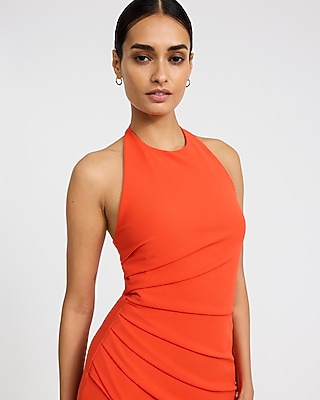 Crepe Halter Sleeveless Pleated Wrap Midi Sheath Dress