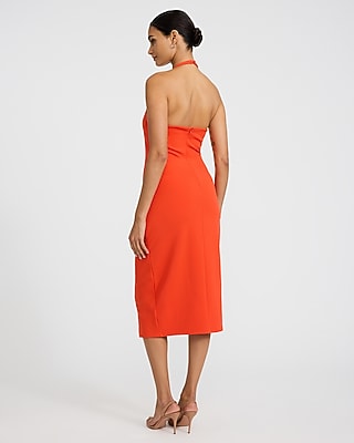 Crepe Halter Sleeveless Pleated Wrap Midi Sheath Dress