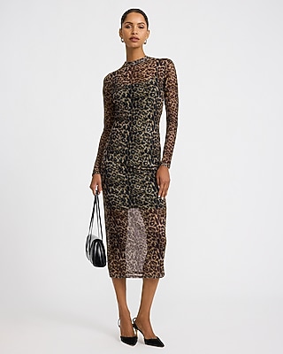 Leopard Mesh Long Sleeve Sheer Hem Midi Dress