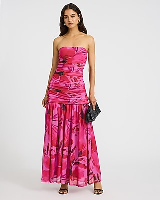 Mesh Floral Strapless Ruched Drop Waist Maxi Dress