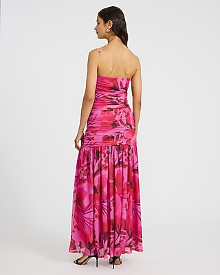 Mesh Floral Strapless Ruched Drop Waist Maxi Dress