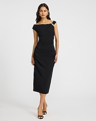 Signature Ponte Asymmetrical Gold Hardware Ruched Midi Dress | Express