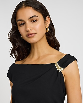 Signature Ponte Asymmetrical Gold Hardware Ruched Midi Dress