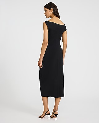 Signature Ponte Asymmetrical Gold Hardware Ruched Midi Dress