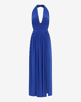Halter V-Neck Smocked Waist Cutout Knit Maxi Fit and Flare Dress