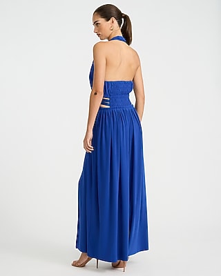Halter V-Neck Smocked Waist Cutout Knit Maxi Fit and Flare Dress