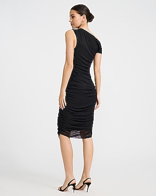 Mesh Asymmetrical One Shoulder Ruched Midi Sheath Dress