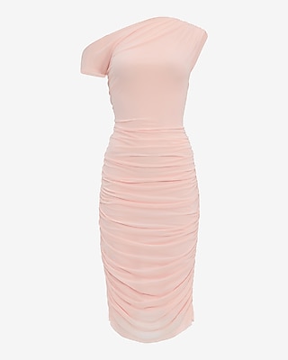 Mesh Asymmetrical One Shoulder Ruched Midi Sheath Dress