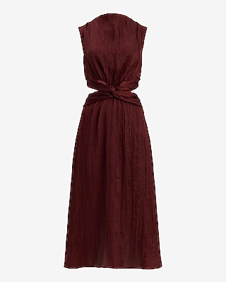 Textured Satin Mock Neck Twist Front Cutout Midi Dress with Pockets