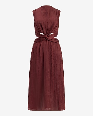 Textured Satin Mock Neck Twist Front Cutout Midi Dress with Pockets