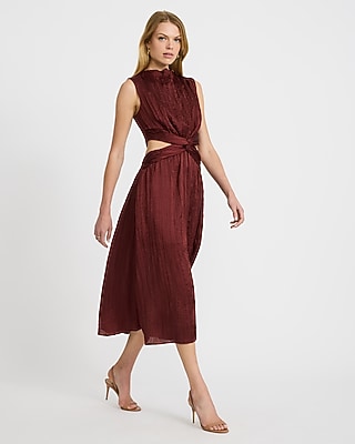 Textured Satin Mock Neck Twist Front Cutout Midi Dress with Pockets