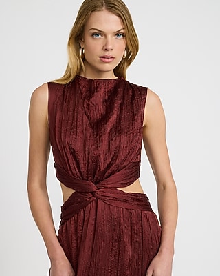 Textured Satin Mock Neck Twist Front Cutout Midi Dress with Pockets