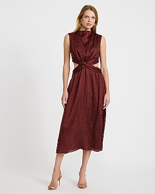 Textured Satin Mock Neck Twist Front Cutout Midi Dress with Pockets