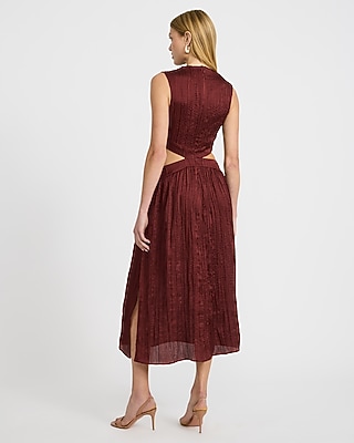 Textured Satin Mock Neck Twist Front Cutout Midi Dress with Pockets